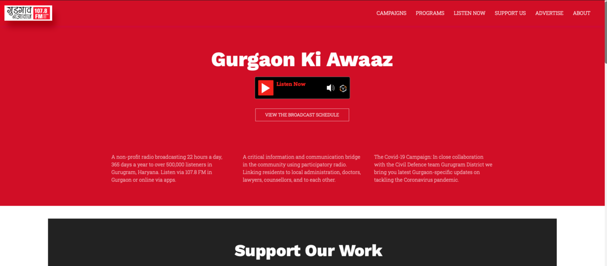 Screenshot of Gurgaon Ki Awaaz, a community radio station website serving Gurugram