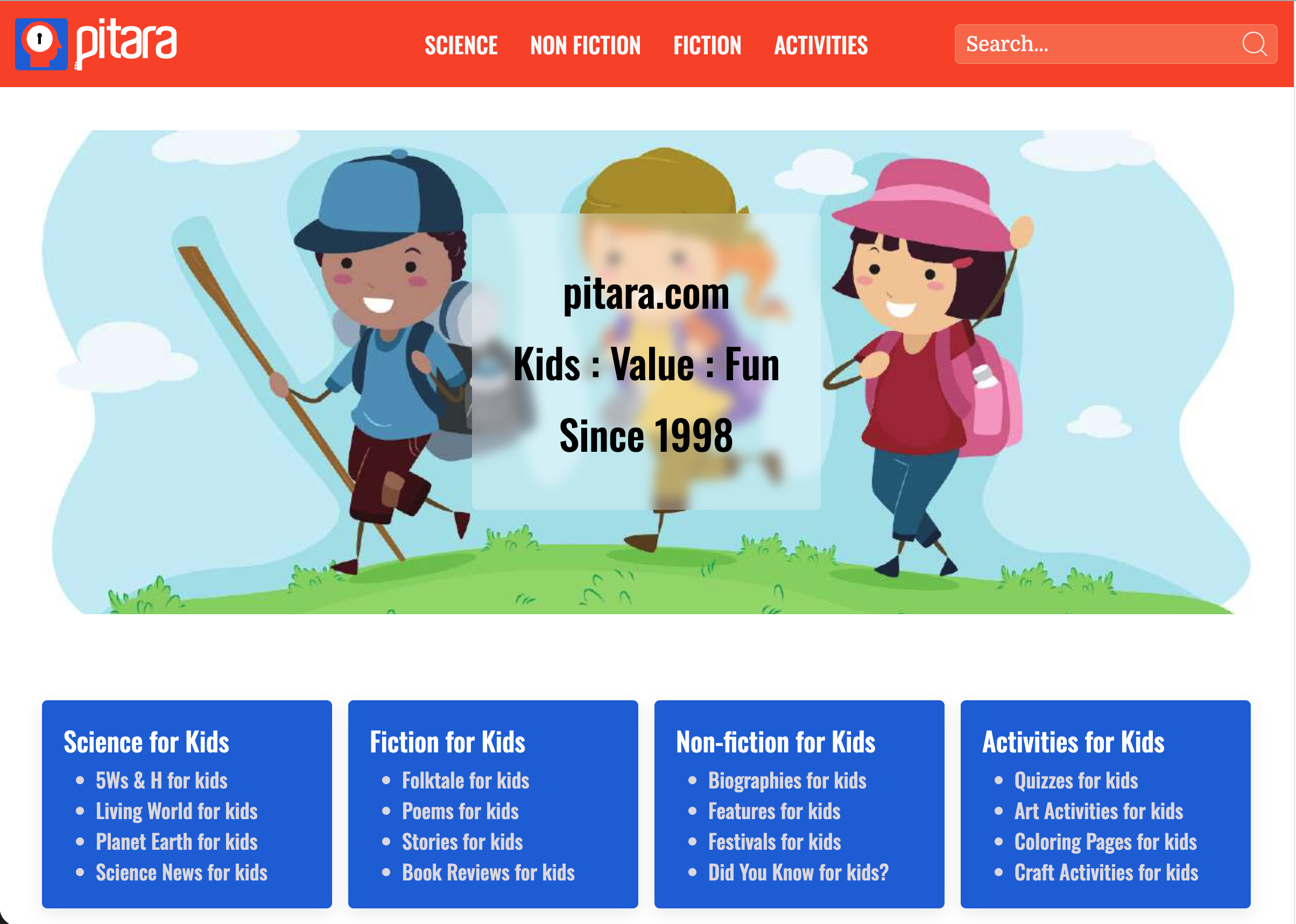 Screenshot of Pitara Kids Network, a children's educational website publishing original content since 1998