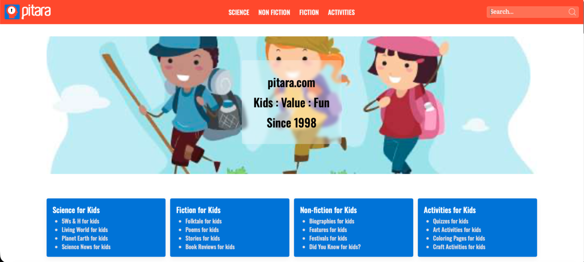 Screenshot of Pitara Kids Network, a children's educational website publishing original content since 1998