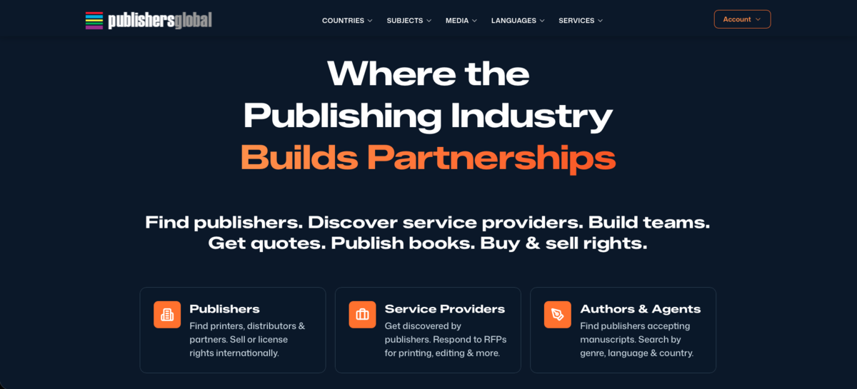 Screenshot of PublishersGlobal, a publishing industry directory connecting organisations across 130 countries