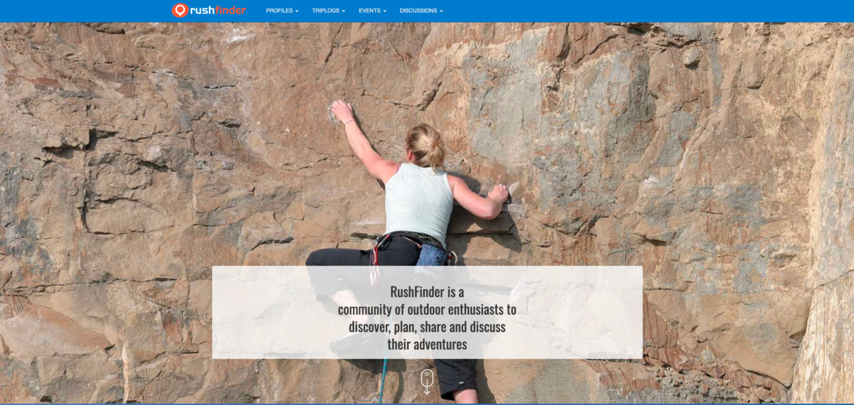 Screenshot of RushFinder, a community platform for adventure sports enthusiasts